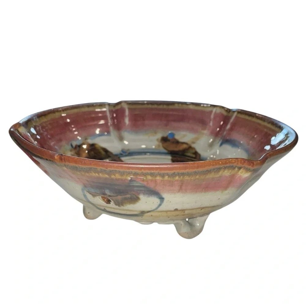 Handmade ET Signed Artisan Ceramic Berry Bowl Rustic Glazed Footed Colander